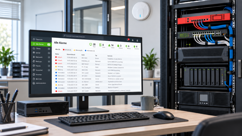 Managed-IT-Arbeitsplatz mit Monitoring-Dashboard sowie Serverrack mit Firewall, Netzwerk-Switch, Server, NAS und USV