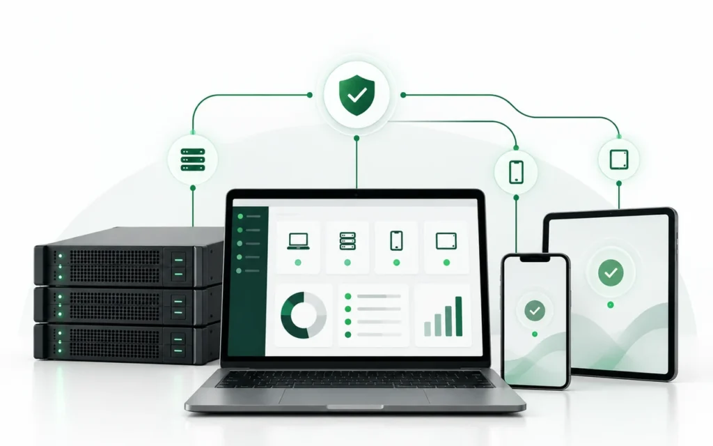 Server, Laptop, Smartphone und Tablet als zentral verwaltete und geschützte Endgeräte im Managed-Endpoint-Security-Konzept